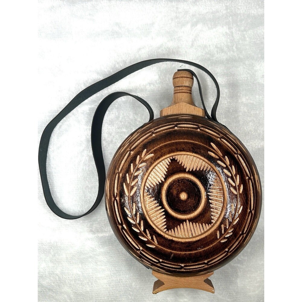 Vintage hand made folk carved wood brandy flask Canteen With Leather Strap